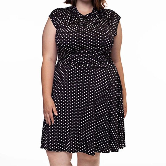 Retrolicious Bridget Bombshell Dress Black White Polka Dot Pinup Neck Tie Retro - Picture 1 of 11